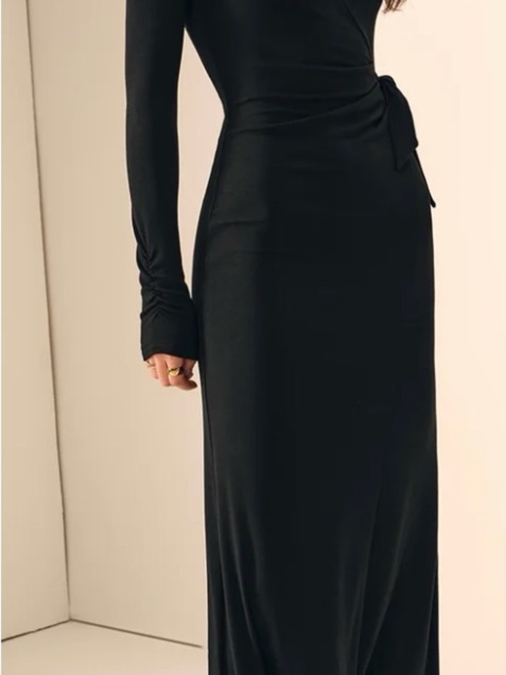 Commense Black Long Sleeve Wrap-Style Maxi Dress